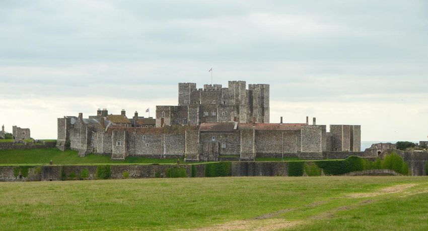 Dover historical castle landmark and green field. kent district united kingdom
