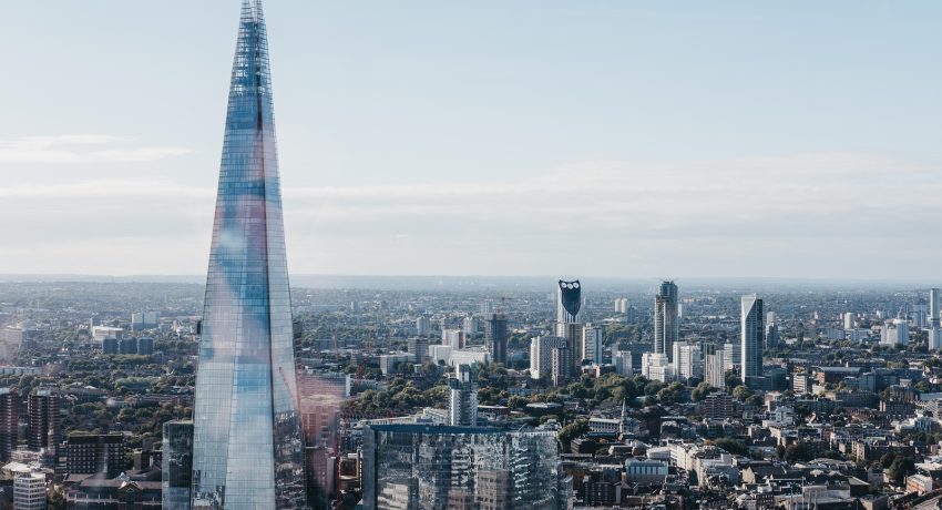 LONDON, UK - SEPTEMBER 30, 2017: London and Shard, the highest building in the city. View from Sky Garden, the highest public garden in London