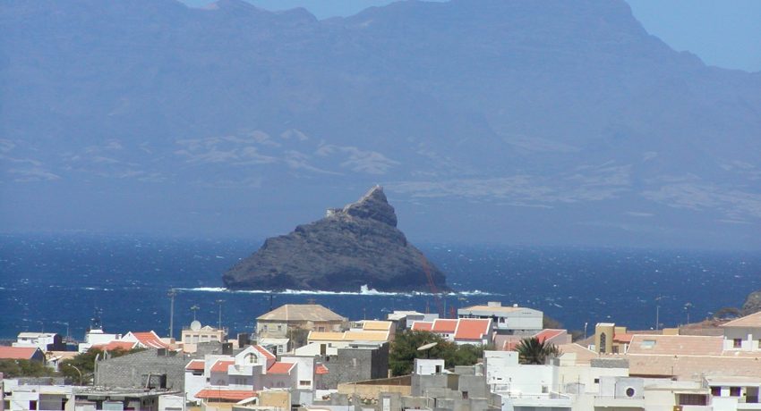 view of st. antao rocks actoss the sea from sao vicentes main city mindelo