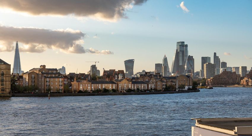 LONDON - November 4, 2020: The City and financial district of London seen across the River Thames from Canary Wharf