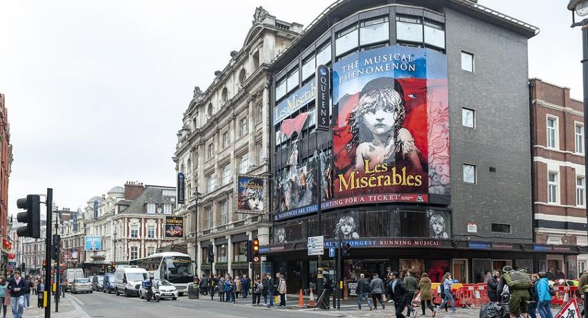 London, UK - April 2018: Queens Theatre, West End theatre located in Shaftesbury Avenue on the corner of Wardour Street in City of Westminster performing several notable productions since 1907 including the current production of Les Misrables